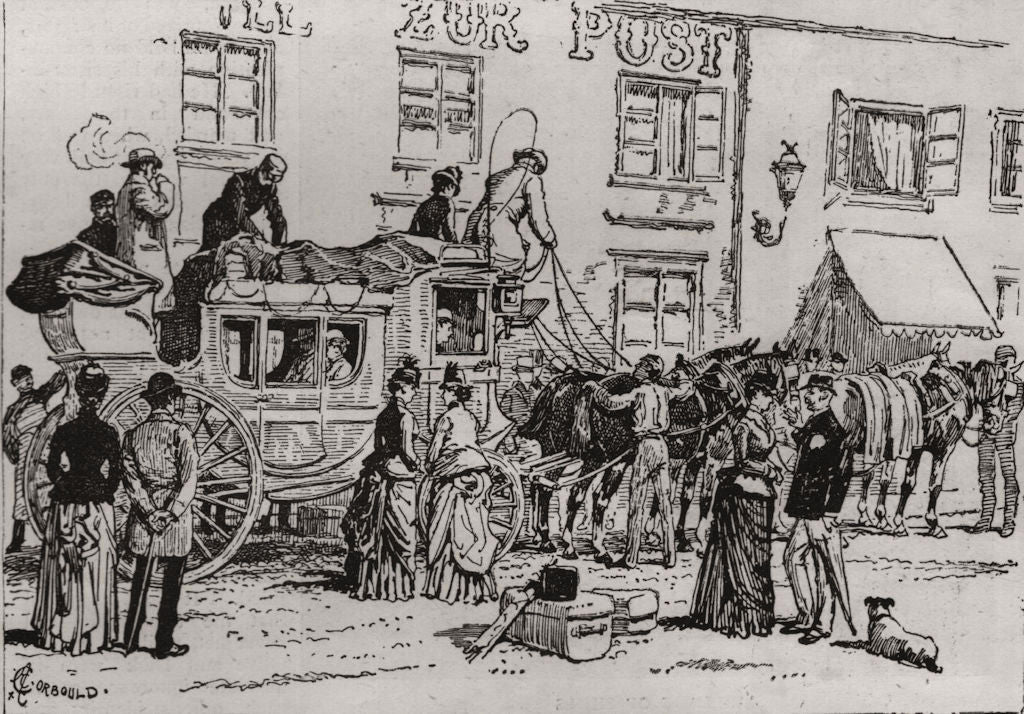 The diligence to St. Moritz. Switzerland 1888 old antique print picture